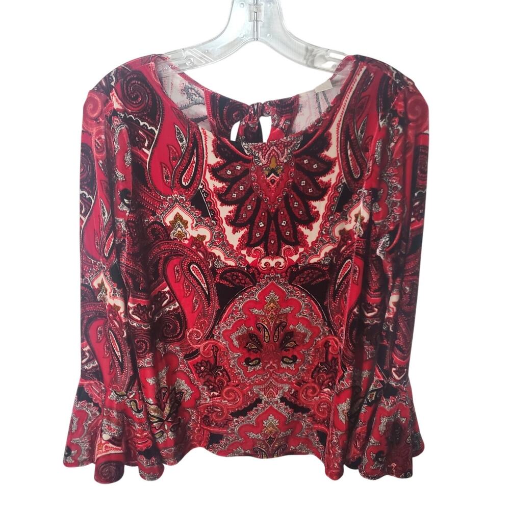 Chico's Velvet Velour Paisley Red Tie Back Bell Sleeve Blouse, Chico's 1